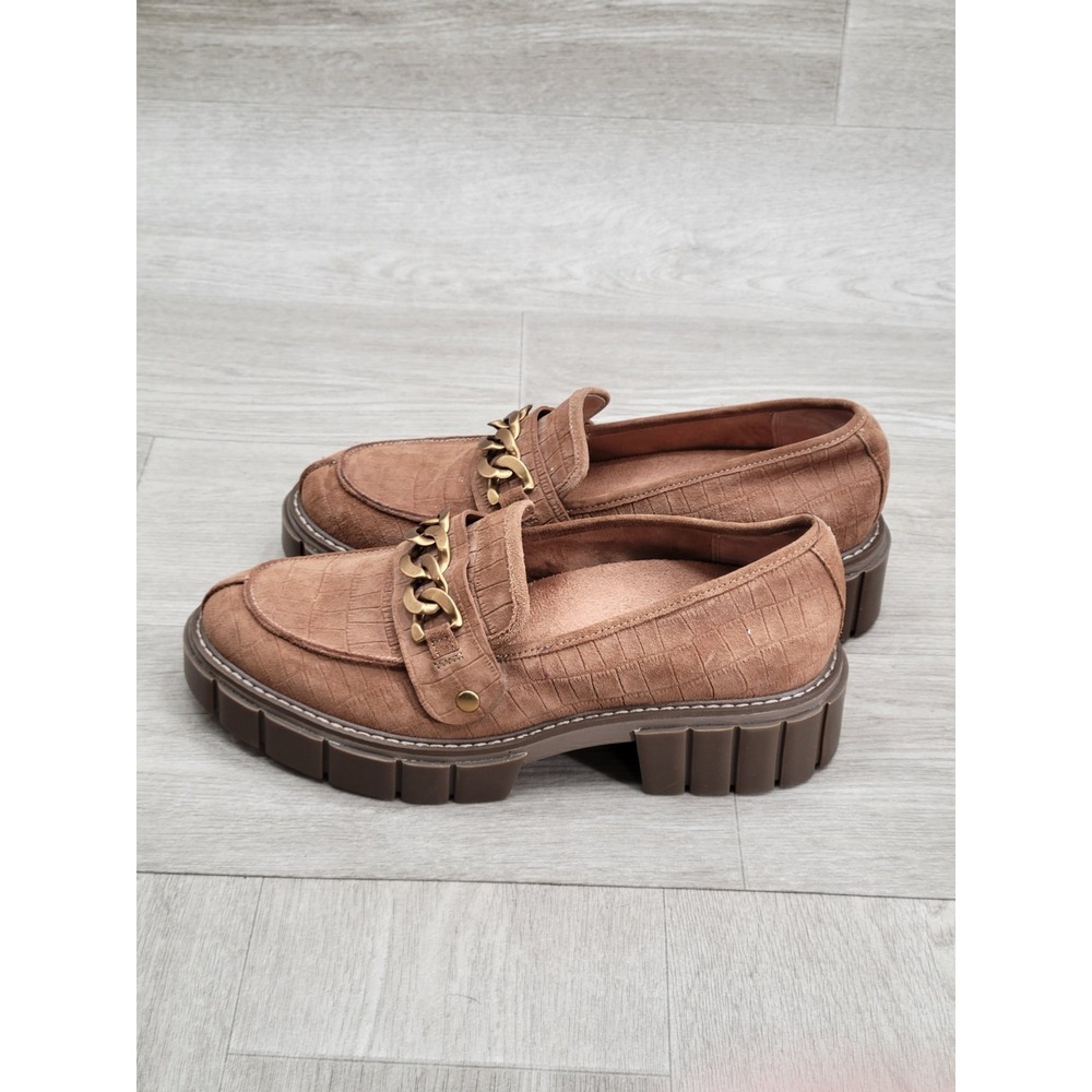 Vionic Elodie Womens 10 Tan Brown Nubuck Platform Penny Loafers Chunky Shoes